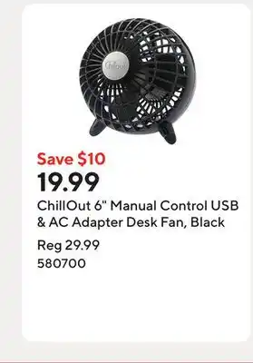 Staples ChillOut 6 Manual Control USB & AC Adapter Desk Fan, Black offer