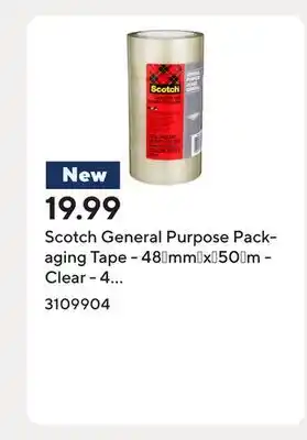 Staples Scotch General Purpose Packaging Tape - 48†mm†x†50†m - Clear - 4 Rolls/Pack offer