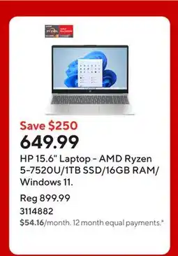 Staples HP 15.6 Laptop - AMD Ryzen 5-7520U/1TB SSD/16GB RAM/Windows 11 offer