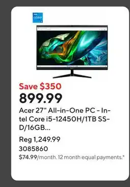Staples Acer 27 All-in-One PC - Intel Core i5-12450H/1TB SSD/16GB RAM/Windows 11 Home offer