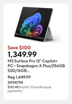 Staples MS Surface Pro 13 Copilot+ PC - Snapdragon X Plus/256GB SSD/16GB RAM/Touchscreen/Windows 11/Platinum offer