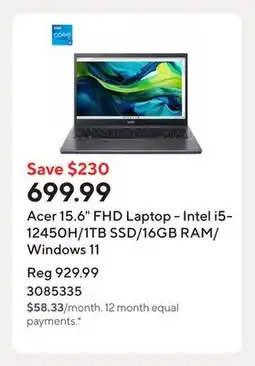 Staples Acer 15.6 FHD Laptop - Intel i5-12450H/1TB SSD/16GB RAM/Windows 11 offer