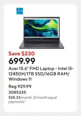 Staples Acer 15.6 FHD Laptop - Intel i5-12450H/1TB SSD/16GB RAM/Windows 11 offer