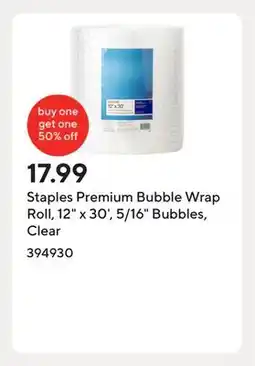 Staples Staples Premium Bubble Wrap Roll, 12 x 30', 5/16 Bubbles, Clear offer