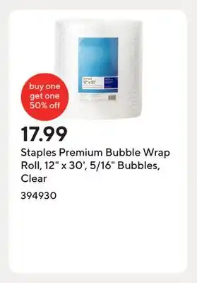 Staples Staples Premium Bubble Wrap Roll, 12 x 30', 5/16 Bubbles, Clear offer