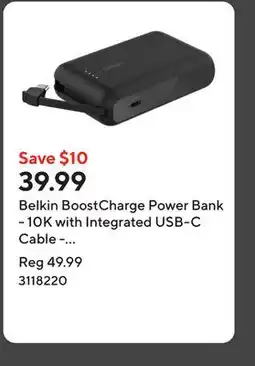Staples Belkin BoostCharge Power Bank - 10K with Integrated USB-C Cable - 20W Fast Charging offer