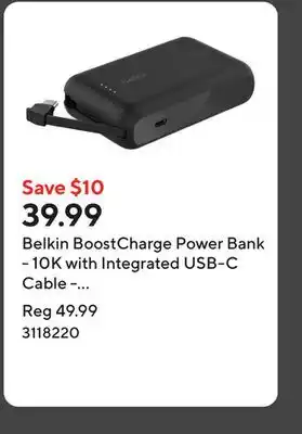 Staples Belkin BoostCharge Power Bank - 10K with Integrated USB-C Cable - 20W Fast Charging offer