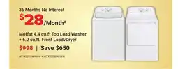 Visions Electronics Moffat 4.4 cu. ft Top Load Washer + 6.2 cu. ft. Front LoadvDryer offer