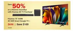 Visions Electronics Hisense 75 A68N 4K HDR Smart Google TV offer