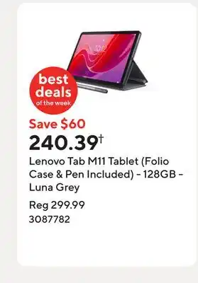 Staples Lenovo Tab M11 Tablet (Folio Case & Pen Included) - 128GB - Luna Grey offer