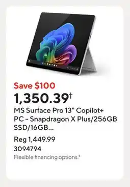 Staples MS Surface Pro 13 Copilot+ PC - Snapdragon X Plus/256GB SSD/16GB RAM/Touchscreen/Windows 11/Platinum offer