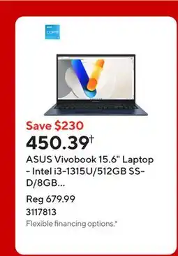 Staples ASUS Vivobook 15.6 Laptop - Intel i3-1315U/512GB SSD/8GB RAM/Windows 11 Home offer