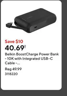 Staples Belkin BoostCharge Power Bank - 10K with Integrated USB-C Cable - 20W Fast Charging offer