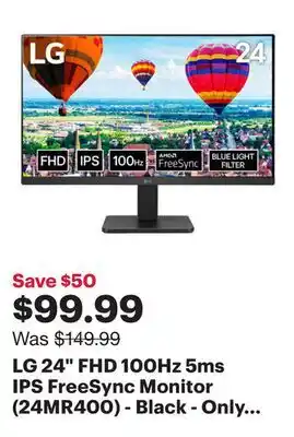 Best Buy LG 24 FHD 100Hz 5ms IPS FreeSync Monitor (24MR400) - Black - Only at Best Buy offer
