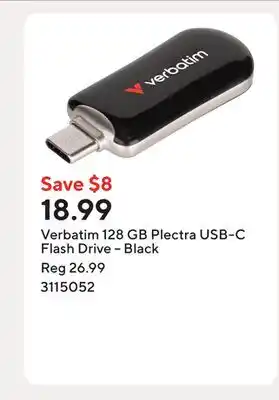 Staples Verbatim 128 GB Plectra USB-C Flash Drive – Black offer
