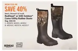 Cabela's RedHead or SHE Outdoor Camo Utility Rubber Boots offer