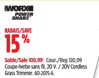 Canadian Tire Worx 20V Cordless Grass Trimmer offer