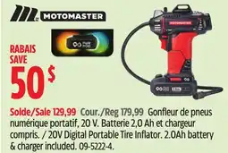 Canadian Tire Motomaster 20v digital portable tire inflator. 2.0Ah battery & charger included offer