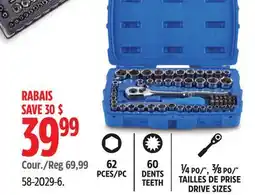 Canadian Tire Mastercraft 62 PCES/PC 60 DENTS TEETH ¼ PO/, ⅜ PO/ TAILLES DE PRISE DRIVE SIZES offer