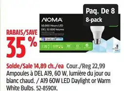 Canadian Tire NOMA A19 60W LED Daylight or Warm White Bulbs offer