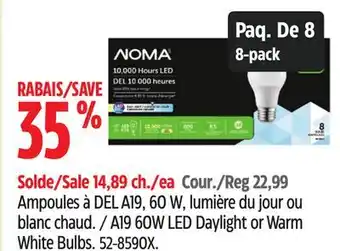 Canadian Tire NOMA A19 60W LED Daylight or Warm White Bulbs offer