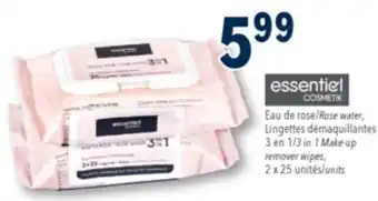 Familiprix Essentiel Cosmetik 3-in-1 rose water make-up remover wipes combo pack 2X25un offer