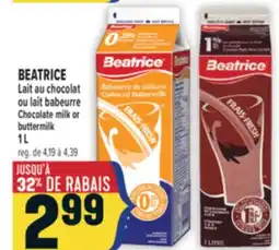 Marché Adonis BEATRICE LAIT AU CHOCOLAT OU LAIT BABEURRE | BEATRICE CHOCOLATE MILK OR BUTTERMILK offer