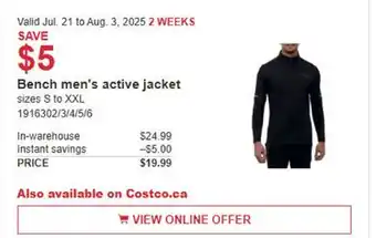 Costco Bench Men's Active Jacket offer