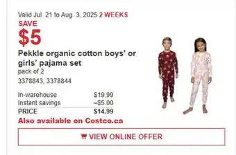 Costco Pekkle organic cotton boys' or girls' pajama set offer