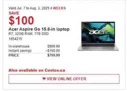 Costco Acer Aspire Go 15.6-in. laptop offer