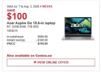 Costco Acer Aspire Go 15.6-in. laptop offer