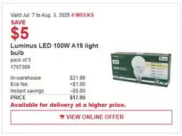 Costco Luminus LED 100W A19 light bulb offer