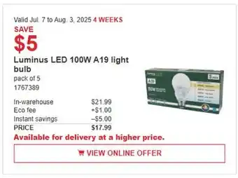 Costco Luminus LED 100W A19 light bulb offer