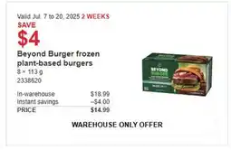 Costco Beyond Burger frozen plant-based burgers offer
