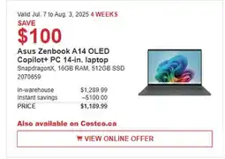 Costco Asus Zenbook A14 OLED Copilot+ PC 14-in. laptop offer