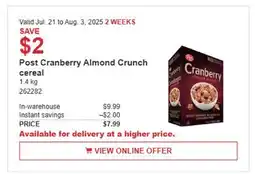 Costco Post Cranberry Almond Crunch cereal offer