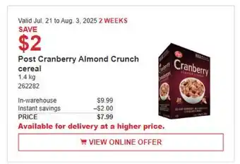 Costco Post Cranberry Almond Crunch cereal offer