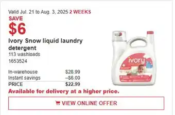 Costco Ivory Snow liquid laundry detergent offer