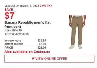 Costco Banana Republic men's flat front pant offer