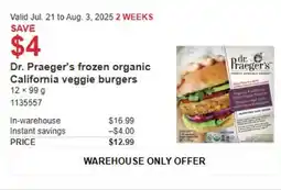 Costco Dr. Praeger's frozen organic california veggie burgers offer