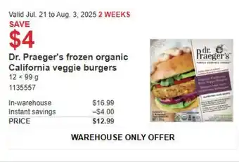 Costco Dr. Praeger's frozen organic california veggie burgers offer