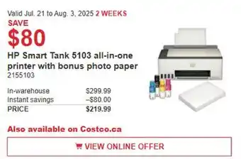 Costco HP Smart Tank 5103 all-in-one printer with bonus photo paper offer