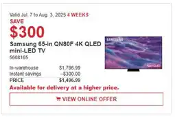 Costco Samsung 65-in QN80F 4K QLED mini-LED TV offer