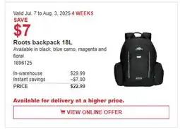 Costco Roots backpack 18L offer
