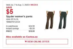 Costco Spyder women's pants offer