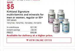 Costco Kirkland Signature multivitamins and minerals of men or women, regular or 50+ offer