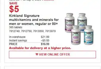 Costco Kirkland Signature multivitamins and minerals of men or women, regular or 50+ offer