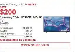 Costco Samsung 75-in. U7900F UHD 4K TV offer