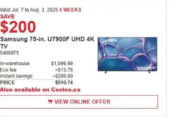 Costco Samsung 75-in. U7900F UHD 4K TV offer