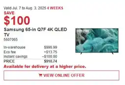 Costco Samsung 65-in Q7F 4K QLED TV offer